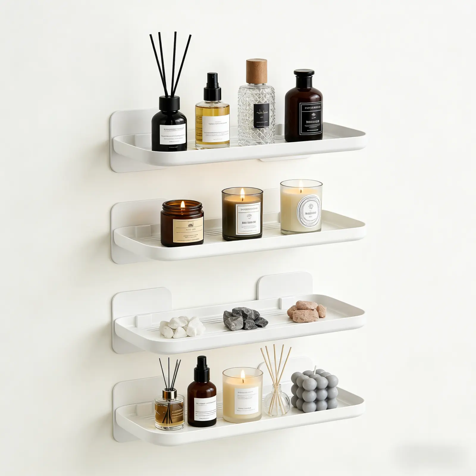 4-Pack White Floating Wall Shelves - Lightweight Self-Adhesive No-Drill Mount, Easy-Clean Wall Mounted Organizer for Renters, Bathroom & Kitchen Home Storage Decor