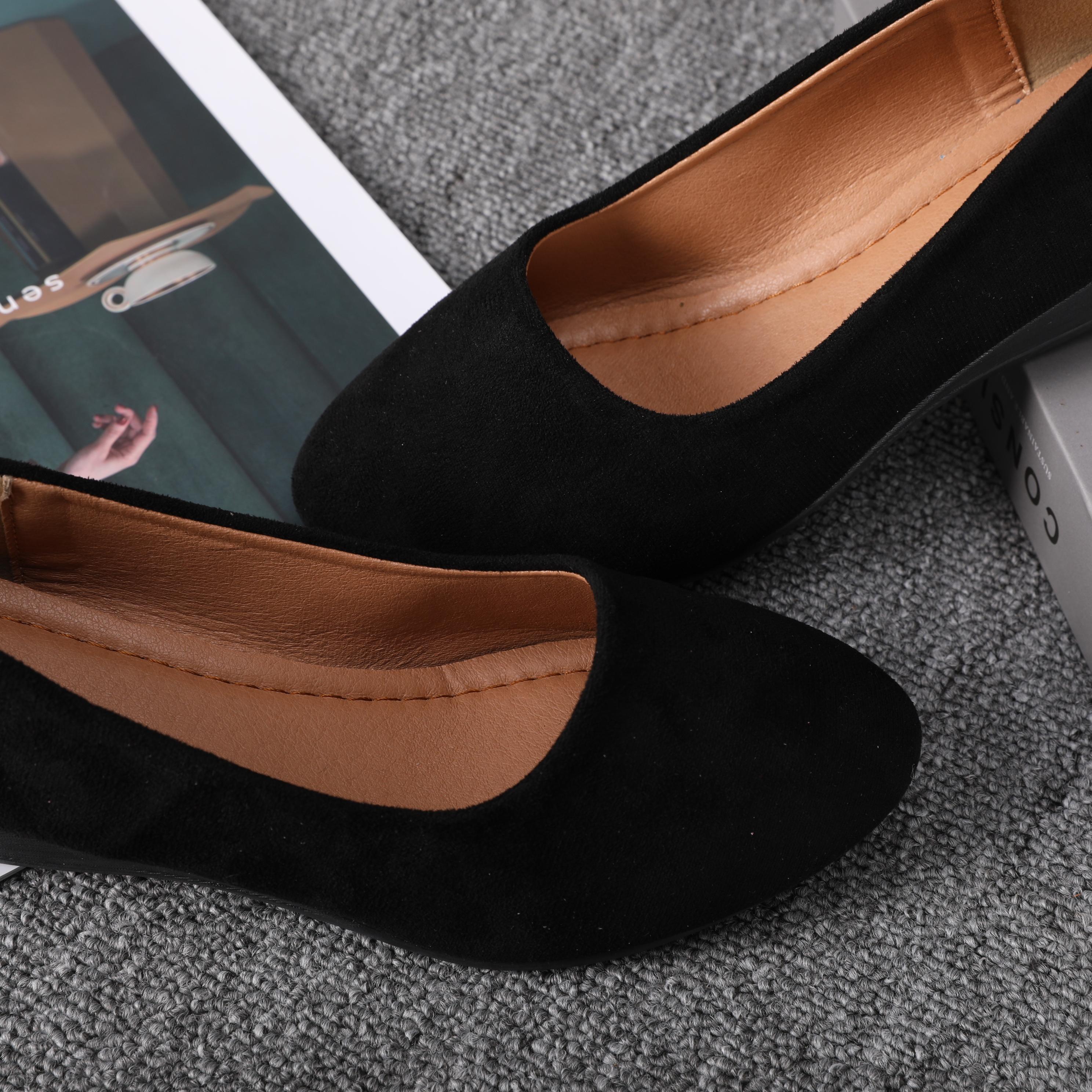 Women's Black Wedge Heels Work Shoes - Wide Fit Waterproof Rain Suede Pumps Round Toe Elegant Comfortable Insole Shallow Mouth Heeled Footwear Office Shoes for Women