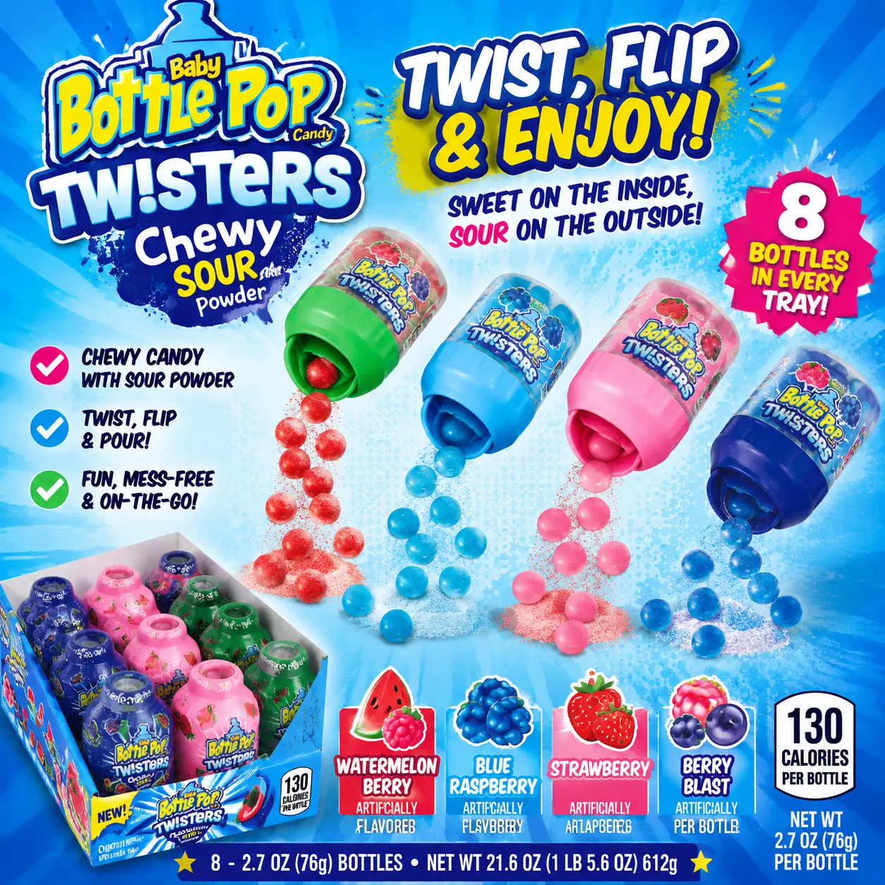 Bazooka Baby Bottle Pop Twisters Candy 2.7 oz 8 Count  Twisted Lollipop & Candy Powder Treats | Fun Party Candy & Gift Bags