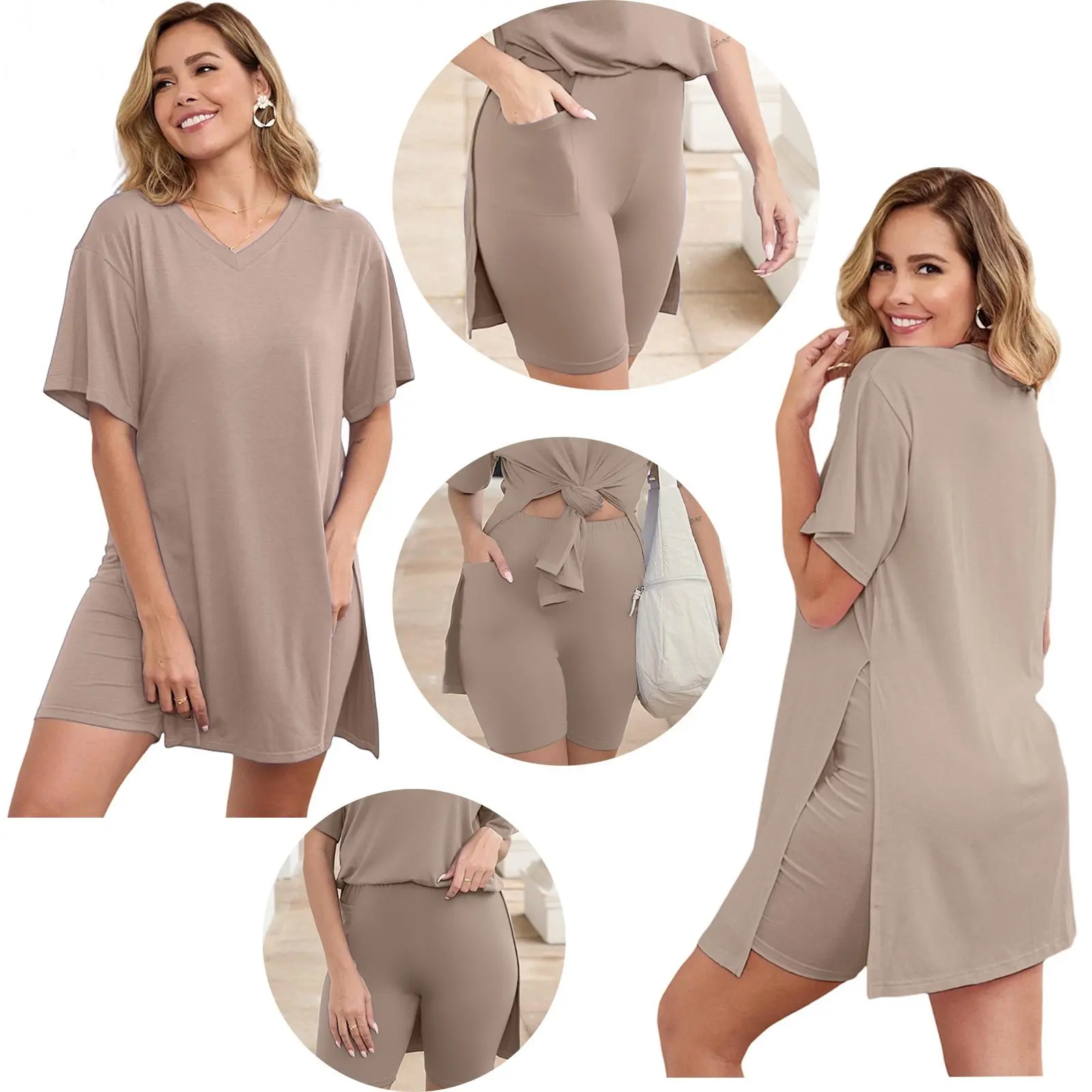 METAONLY Women's Plus Size 2-Piece Spandex Outfits - Short Sleeve Tunic Tops, Skinny Biker Shorts, Bodycon Split Hem, Festival Crop Lounge Tracksuits for Minimalist Ladies (SpringTok), Lady, Loungewear, Basic, Soft, Plus Size Tops, Sleeveless, Clothes