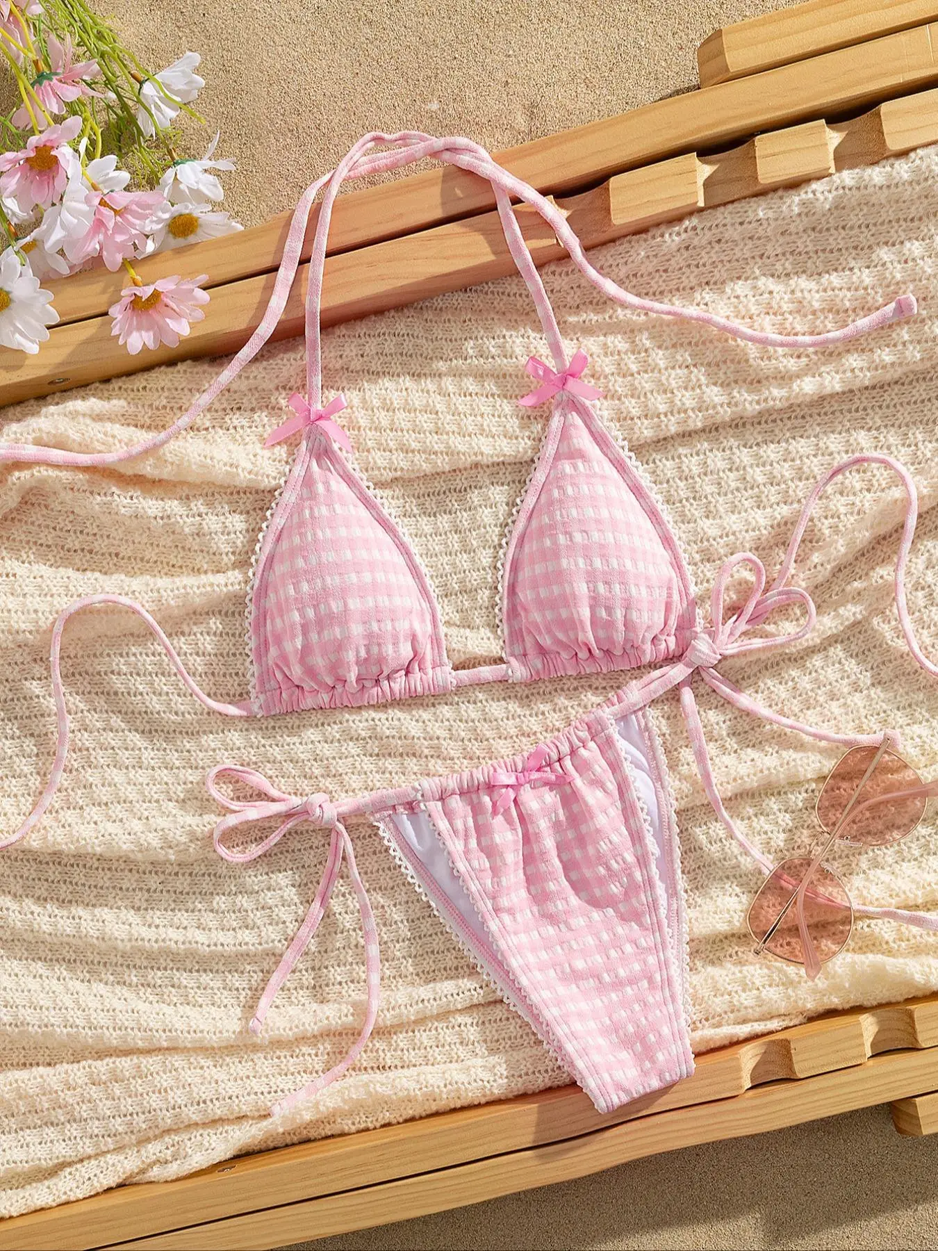 Two-piece Set Women's Bow Decor Tie Back Bikinis Set, Bathing Suit Bikini, Summer Bikini, Casual Fashion Chic Halter Bra & Panty Swimsuit Set, Ladies Swimwear for Beach Holiday Vacation