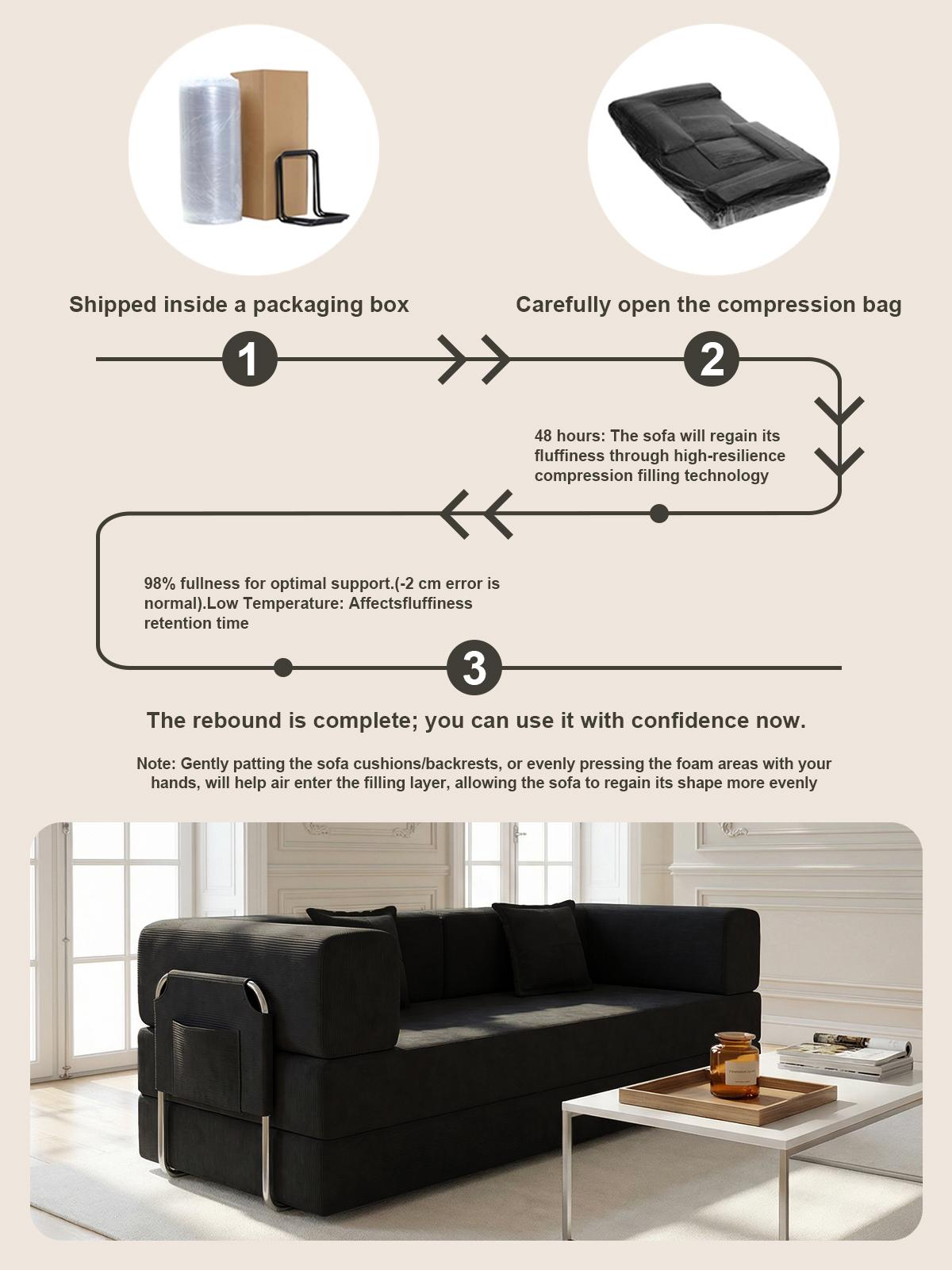Compressed sofa, 79-inch convertible sofa bed, fixed frame, removable armrests, modular corduroy sofa bed, folding mattress sofa, suitable for small spaces - no assembly required, includes two pillows, black. Compressed sofa, 79-inch convertible sofa bed, fixed frame, removable armrests, modular corduroy sofa bed, folding mattress sofa, suitable for small spaces - no assembly required, includes two pillows, black.
