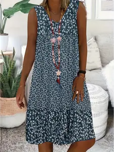 New Summer Collection V-Neck Sleeveless Dress with Printed Design