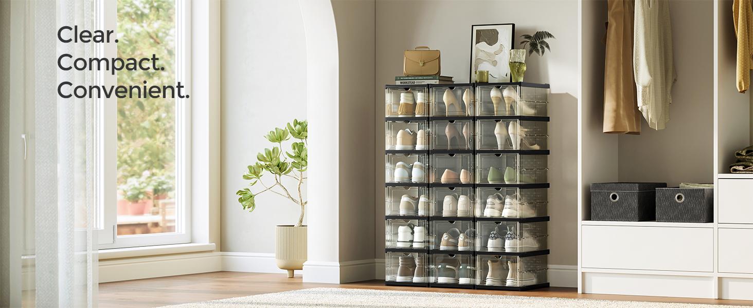 SONGMICS Foldable Shoe Boxes, Portable Shoe Storage Organizer, Portable Design, Fits Up to US Size 13, 60s Assembly SONGMICS Foldable Shoe Boxes, Portable Shoe Storage Organizer, Portable Design, Fits Up to US Size 13, 60s Assembly