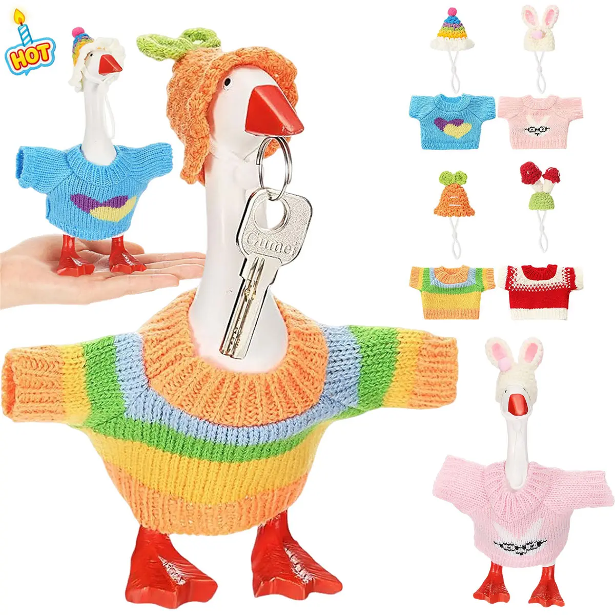 7 Inch Mini Desk Goose Knitted Outfits Cute Magnetic Goose Key Holder Multiple for Home Office Magnetic Duck Statue Table Desk Key Holder Decor Gifts Magnetic Desk Goose Outfit Set