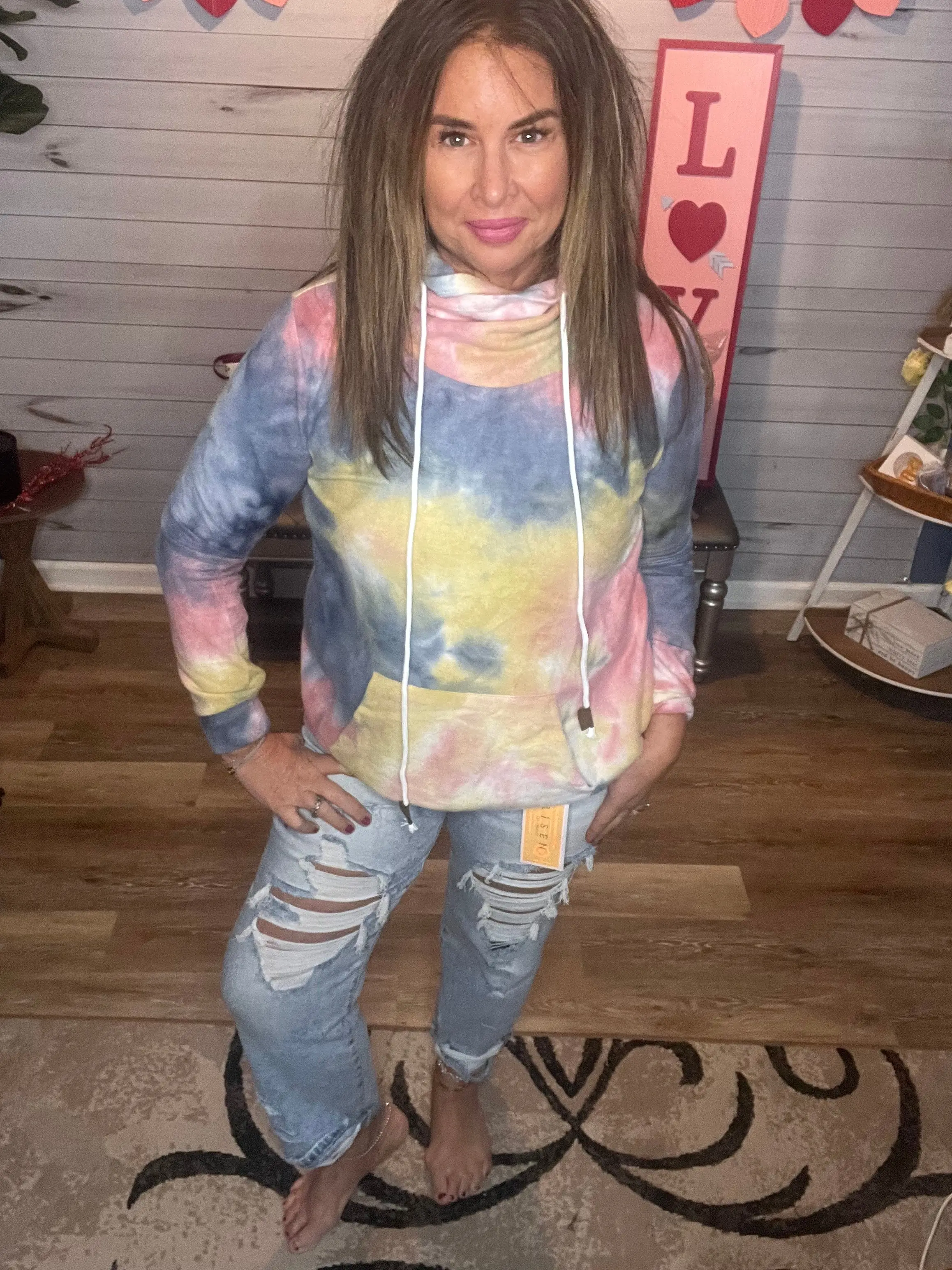 Women's Pullover Hoodie, Soft Tie-Dye Long Sleeve Sweatshirt with a Unique Statement Overlap Neck for Cozy Wear, Tops, Statement Look, Soft Fabric, One Piece