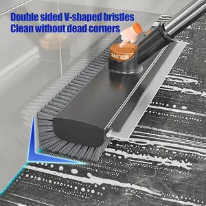 Floor Scrub V Brush with Long Handle 4 in 1 Silicone Scrape and Stiff Bristle Scrubber 360° Cleaning Brush with Tweezers for Shower Bathroom, Patio, Garage, Kitchen, Wall and Deck
