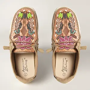 American Darling Hand tooled, carved genuine leather trim lightweight shoe footwear| Tooled Footwear |Leather