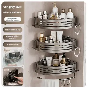 Aluminum Gun Gray Triangular Suction Cup Shower Caddy, One Tier Corner Shelves Shower Storage Rack, Drill Free Wall Mount Shower Organizer, 40lbs Load Capacity Bathroom Accessories Towels Hook Toiletries