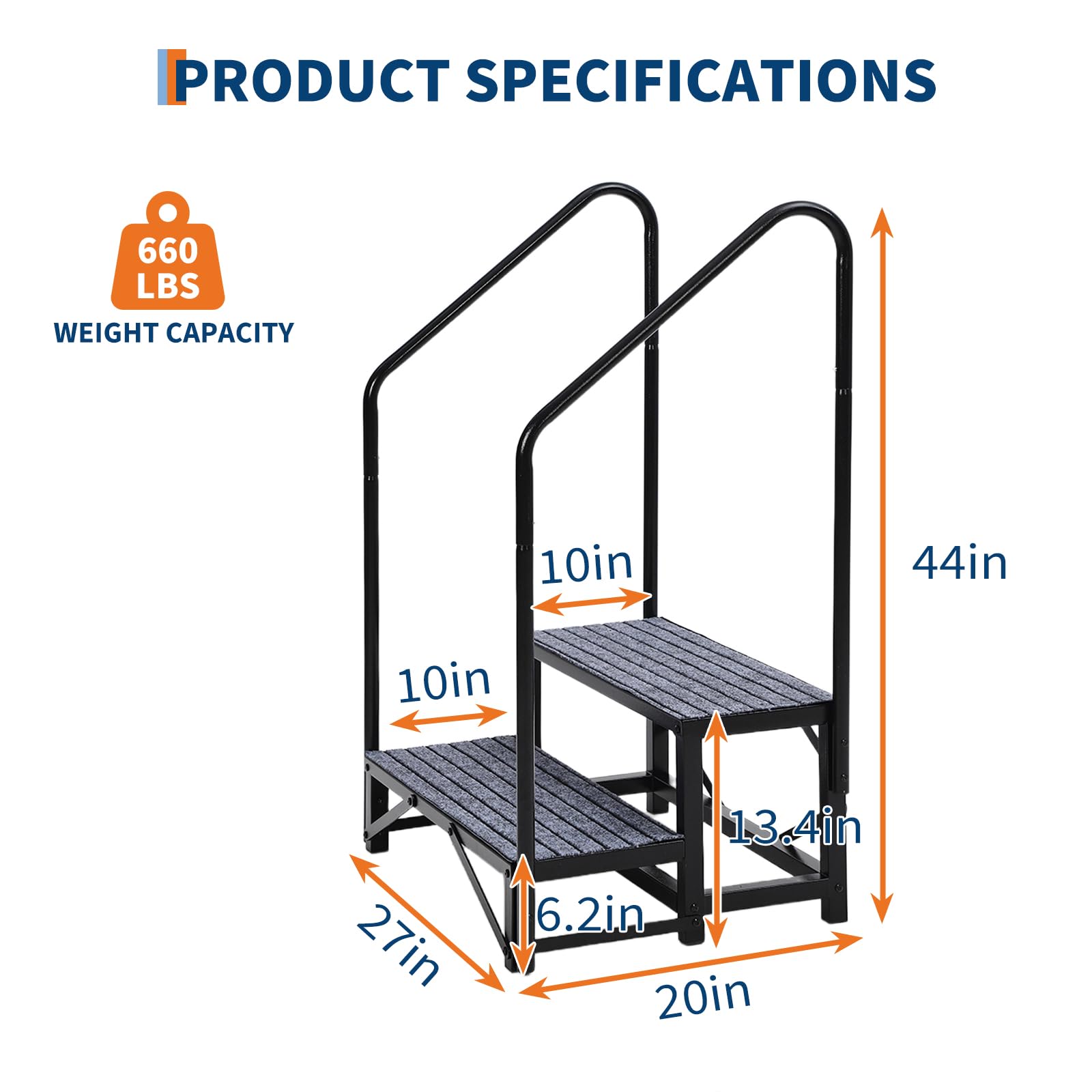 Caravan Stairs with Single Handrail Heavy Duty Motorhome Steps for Static Caravan Non-Slip Hot Tub Steps with Mats 300kg Capacity Portable Steps for Campervan Spa Outdoor Pool Pets