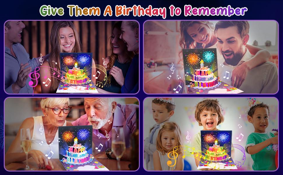INPHER Birthday Cards Fireworks Pop Up Cake Blowable Light and Music Happy Birthday Card Gifts for Women Men Mom Kids