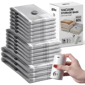 Cordless Travel Vacuum Seal Bags for Clothing with Rechargeable Electric Pump, 14 Pack Vacuum Bags for Travel，Space Saver Vacuum Storage Bags Set with USB Electric Air Pump, Reusable Compression Bags for Luggage & Home，3Size Perfect for Carry-On Suitcases