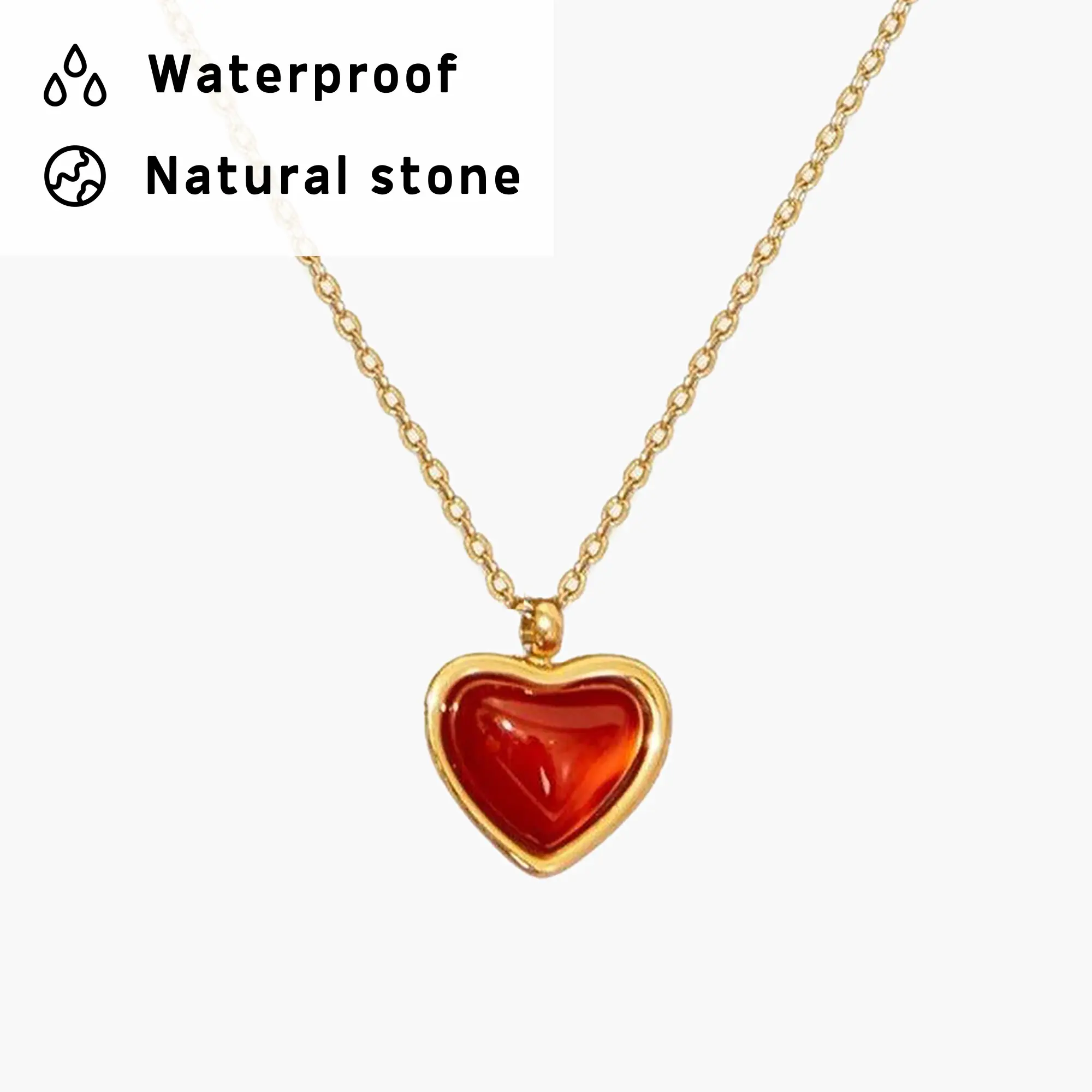 en route 18K Gold Plated Carnelian Stone Heart Necklace in Gold, Waterproof Design with Natural Carnelian Heart, Perfect for Chic Everyday Wear or Layered Styling