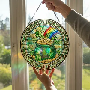 St. Patrick’s Day Pot of Gold Suncatcher – Rainbow Shamrock Stained Glass Window Hanging, Irish Lucky Decor