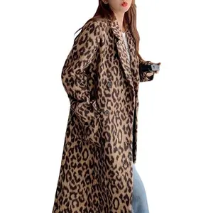Womens Leopard Long Wool Trench Coat Notched Lapel Double Breasted Pea Coat Winter Warm Overcoat