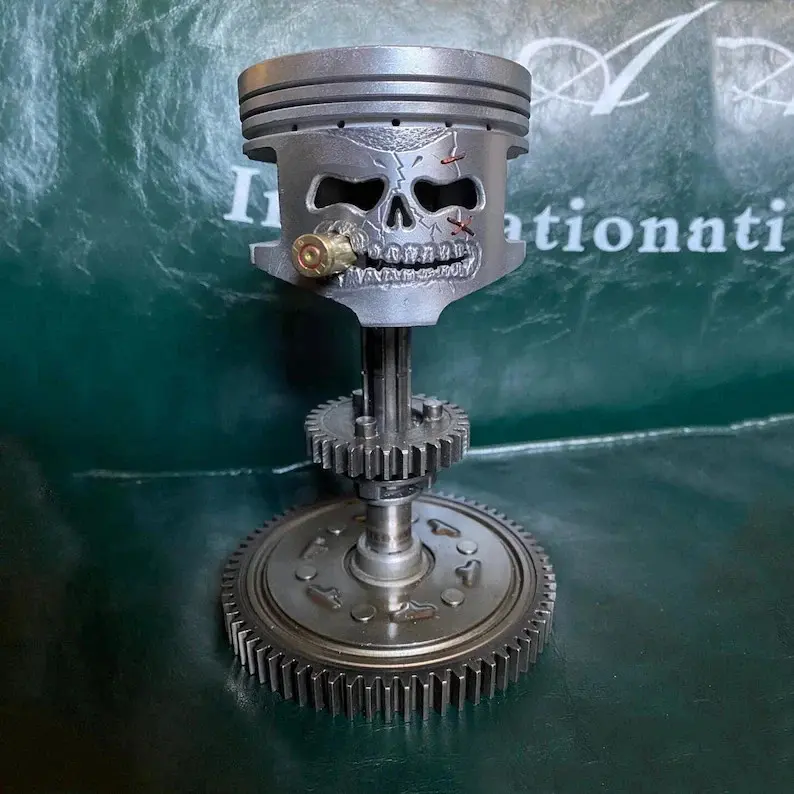 Custom Piston Skull Sculpture on Gear Base