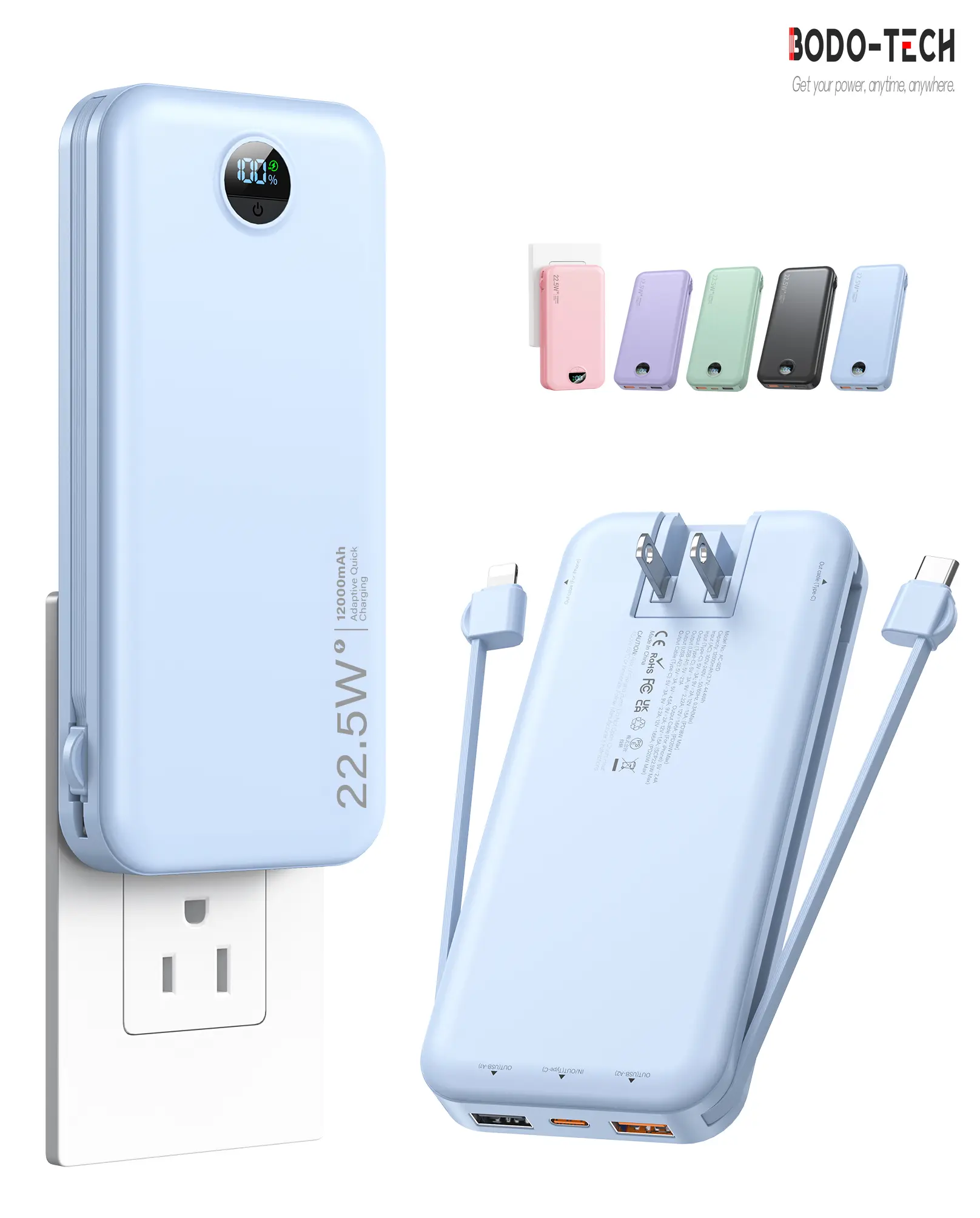Bodo-Tech 12000mAh Fast Charging Power Bank AC Wall Plug Portable Charger with Built-in Cables USB-C & Lightning LED Display for Travel Outdoor Hiking Camping Christmas Gadget