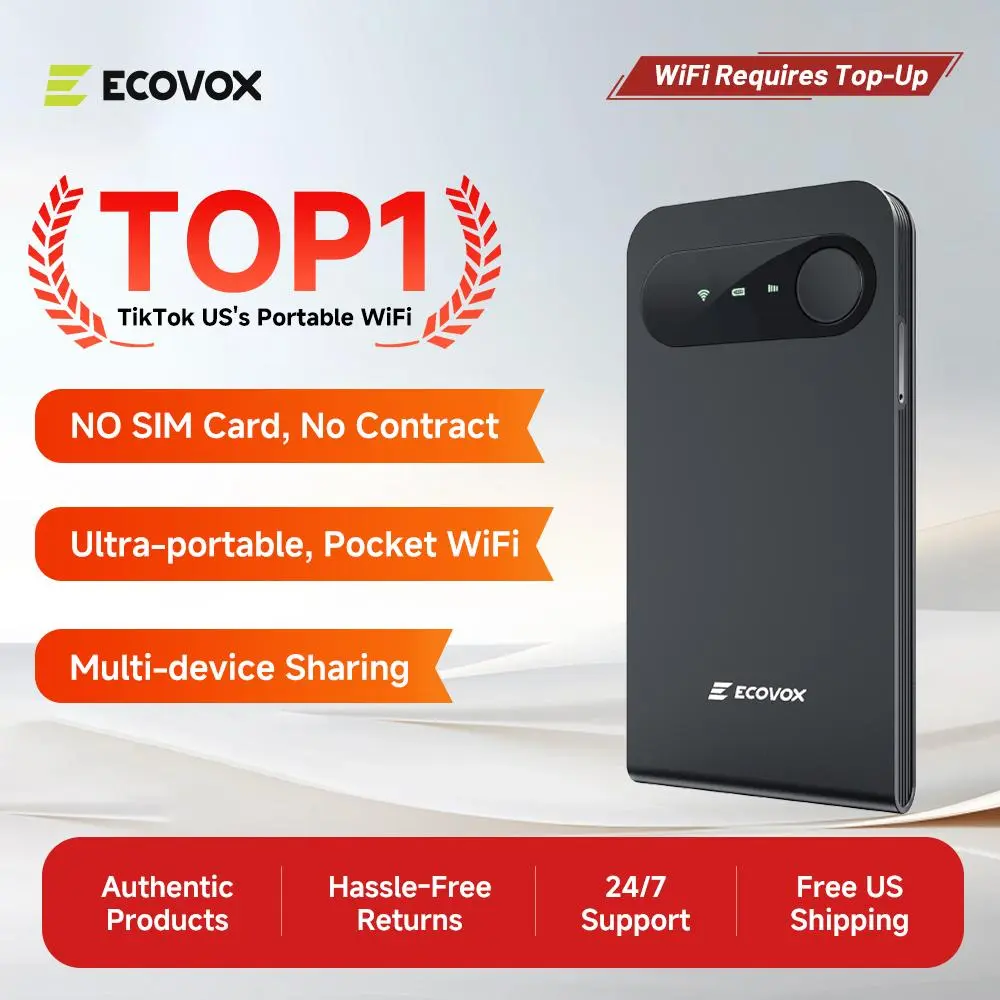 ECOVOX Mini WiFi Hotspot - FCC Certified 150Mbps 4G LTE Tri-Band Portable Pocket Wi-Fi, Auto-Switch AT&T/T-Mobile/Verizon, 86g Pocket-Sized, 1GB Data Bonus, Airport Use, Smart Touch Wireless Internet Device, 150Mbps Speed