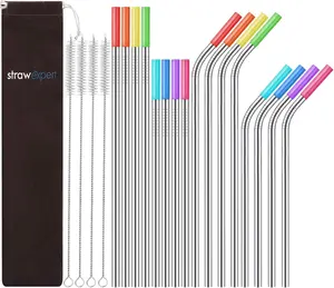 Set of 16 Reusable Stainless Steel Straws with Travel Case Cleaning Brush Silicone Tips Eco Friendly Extra Long Metal Straws Drinking for 20 24 30 oz Tumbler