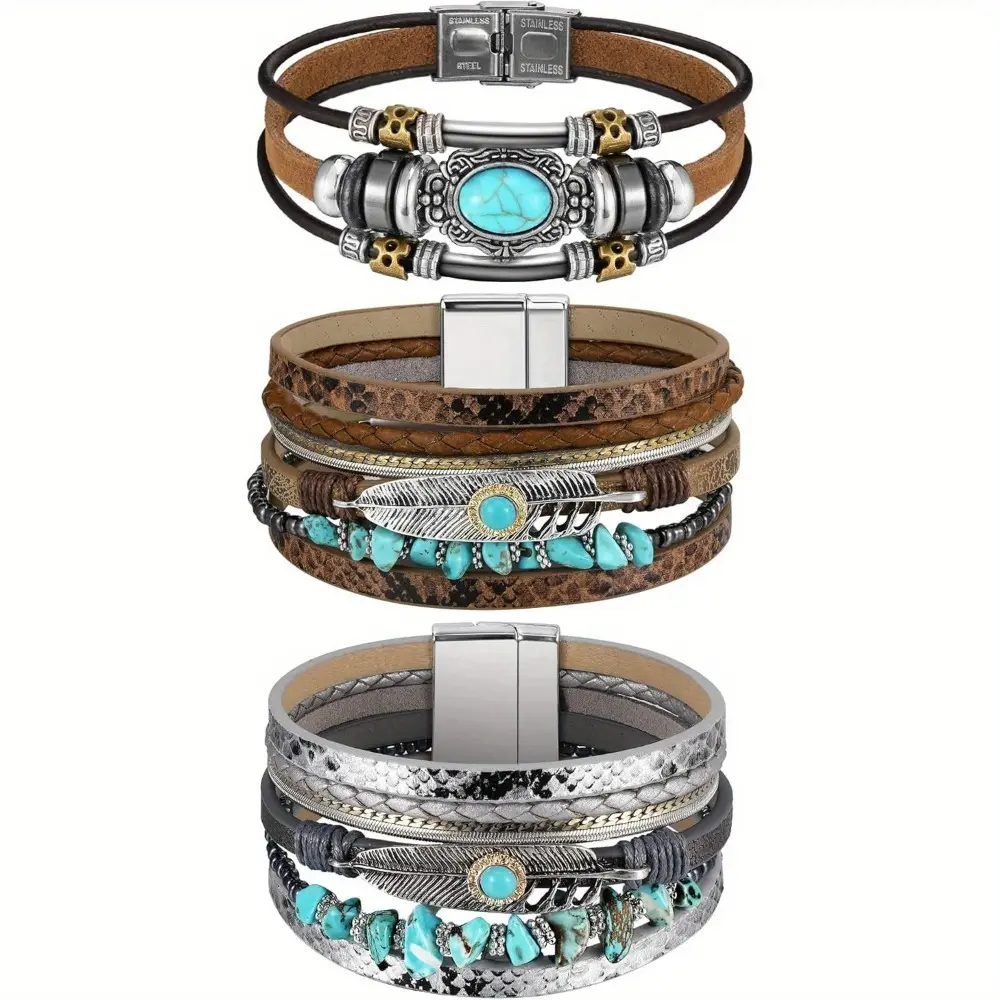 3 Piece Turquoise Bracelets for Women, Exquisite Vintage Western Boho Cuff Set with Faux Leather & Alloy, Country Style Jewelry, Exquisite Bracelet, High Quality Bracelet