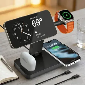 15W Magnetic Charging Station For Apple Devices, Foldable 4 in 1 Magnetic Wireless Charger Stand for iPhone 17 Air 16 15 14 13 12 Pro Max Plus, Apple Watch Series & Airpods Pro/Pro 2/3/2