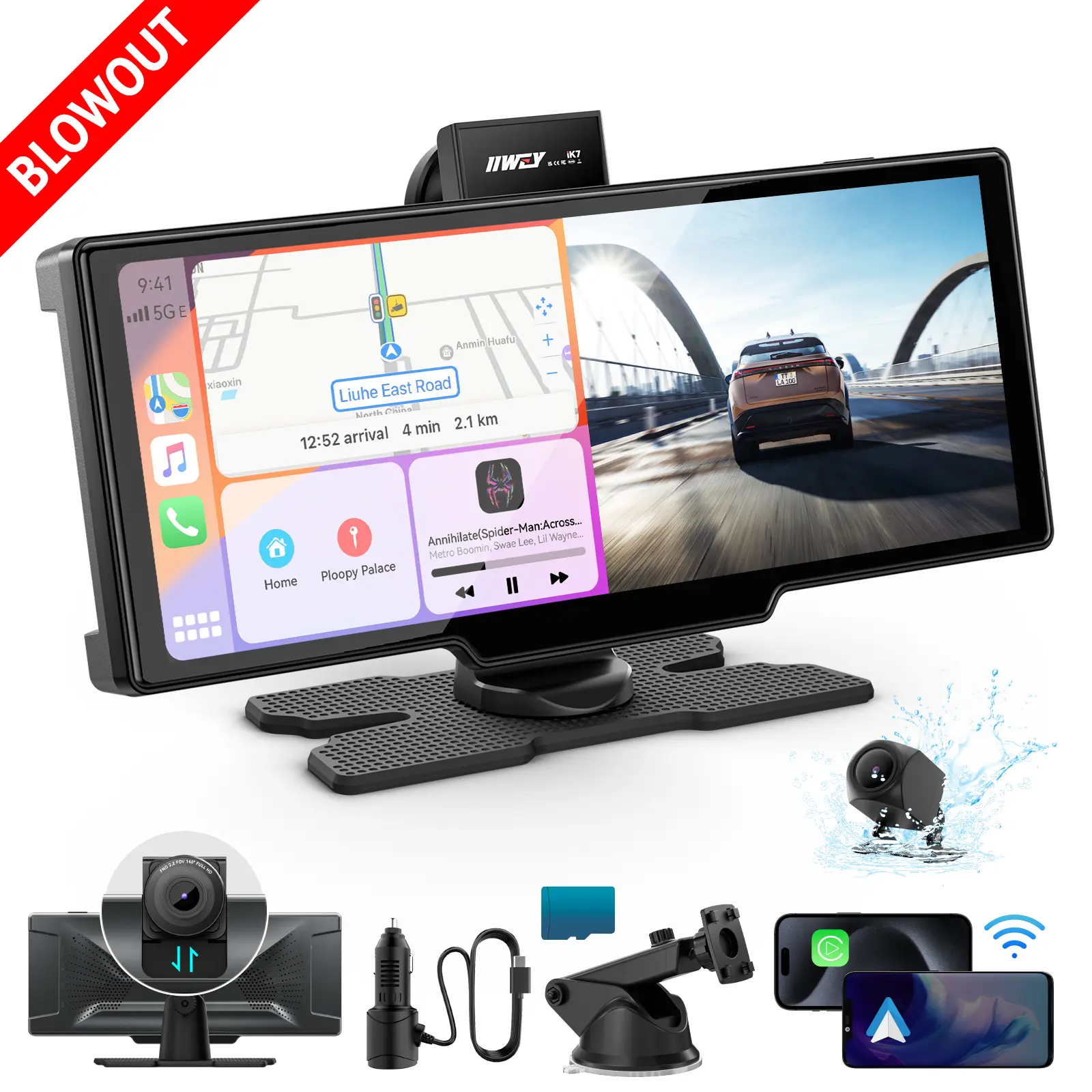 【BLOWOUT】IIWEY iK7 10-Inch Portable Car Video Player with Wireless CarPlay Screen, 4K Dash Cam, 1080P Backup Camera, Android Auto, 64GB Storage, GPS Navigation, Car Screen Display, Car Video Players Car Tv For Back Seat toolupgrade, Dashcam