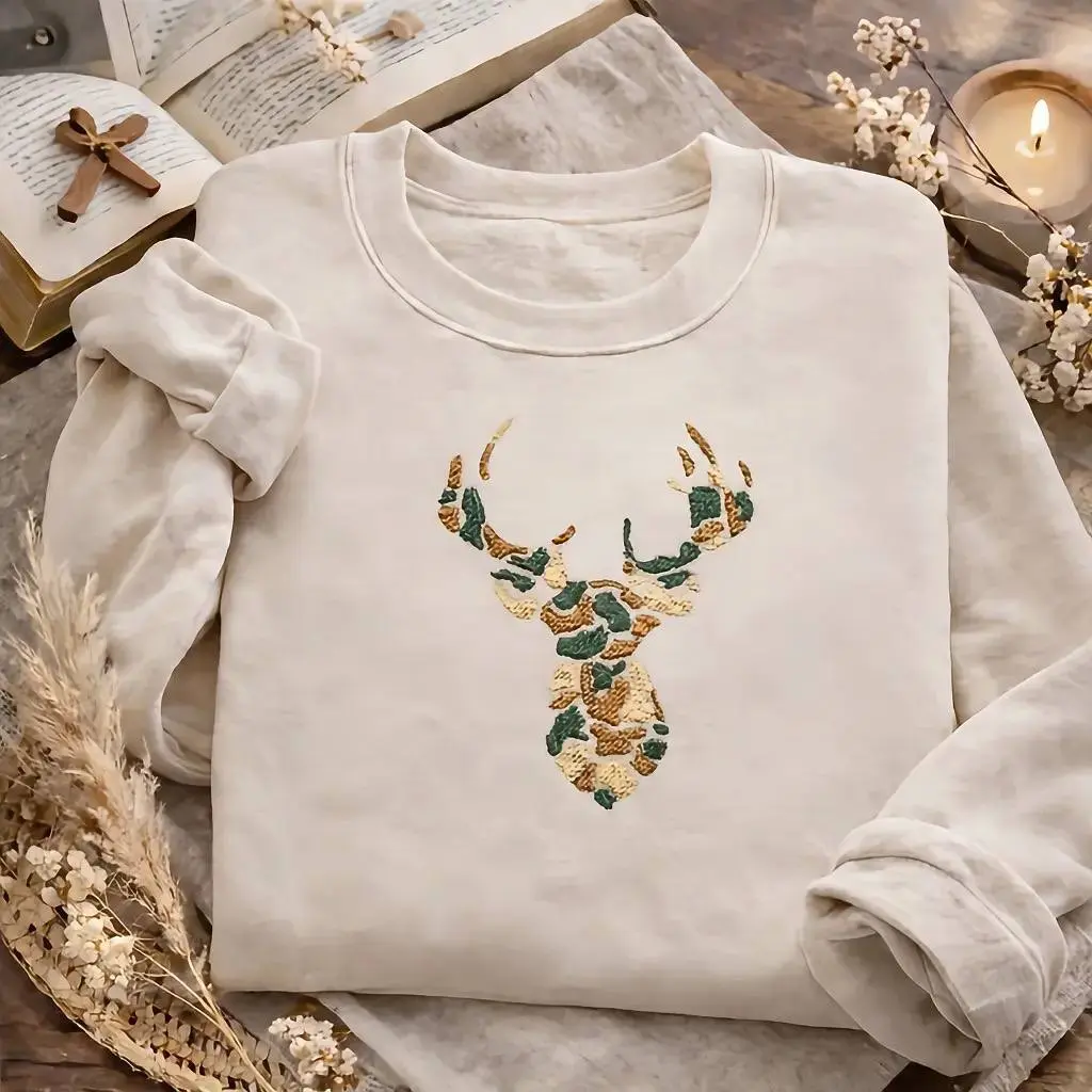Embroidered Camo Deer Head Sweatshirt, Realistic Camouflage Antler Buck Crewneck, Minimalist Hunting Apparel, High Quality Outdoor Embroidered Shirt
