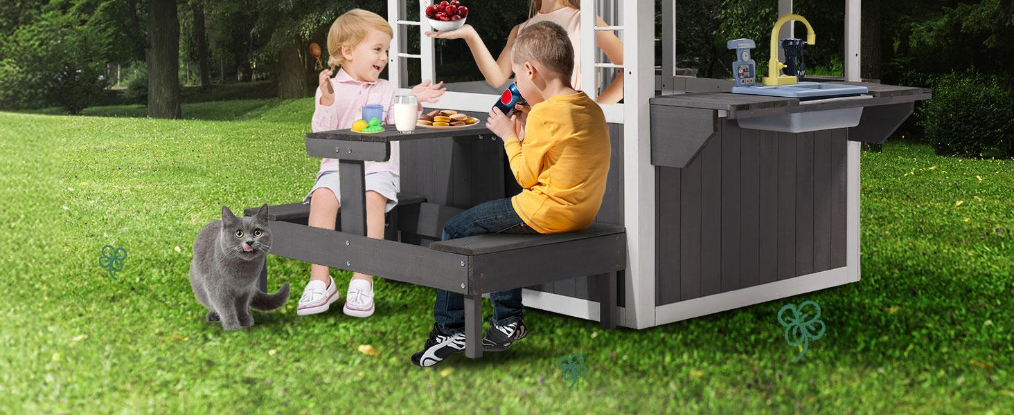 JOYMOR Kids Outdoor Playhouse - Wooden - Cottage with Sink Toys, Picnic Table Set, Mailbox, Flowerpot Holders, Kids Wooden Playground for Age 3-8 DIY Backyard JOYMOR Kids Outdoor Playhouse - Wooden - Cottage with Sink Toys, Picnic Table Set, Mailbox, Flowerpot Holders, Kids Wooden Playground for Age 3-8 DIY Backyard