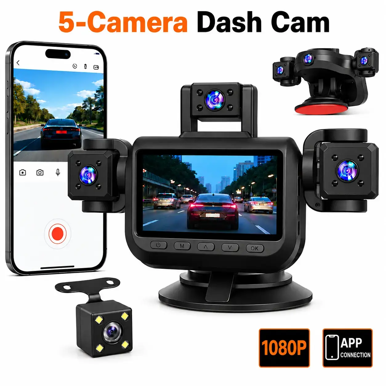 BCUOZ 5 Channel 1080P Dash Cam with 64GB Card & App Control. Full HD Car & Truck DVR, 360° Rotation Left/Right/Cabin Coverage, Backup Camera, G-Sensor Collision Lock, Night Vision. Perfect RV Auto Accessory & Halloween Christmas Gift.