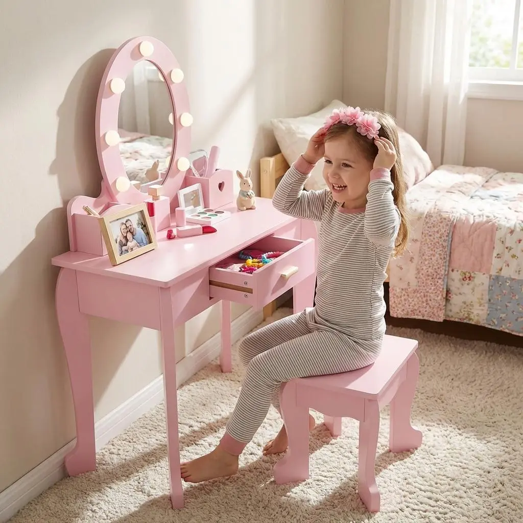 【DealsForYouDays】Pink Wooden Vanity Table and Chair Set for Children with Lighted Mirror, Makeup Storage Rack, Brush Holder, and Stool - Perfect Pretend Play Dressing Table