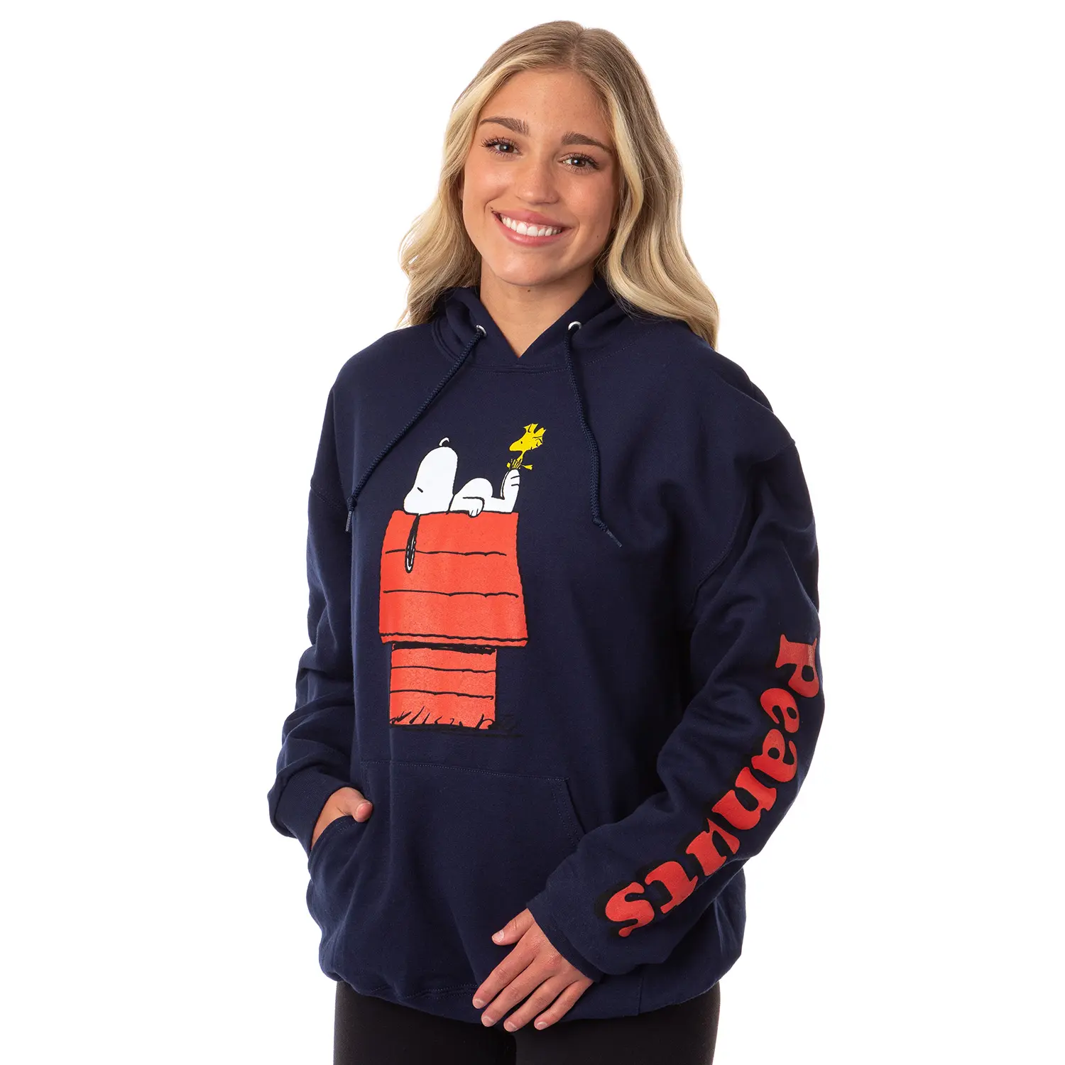 Peanuts Juniors' Snoopy And Woodstock Red Doghouse Hooded Sweatshirt Pullover Hoodie, Polyester, Comic, Top, Kangaroo, Fabric, Comfy