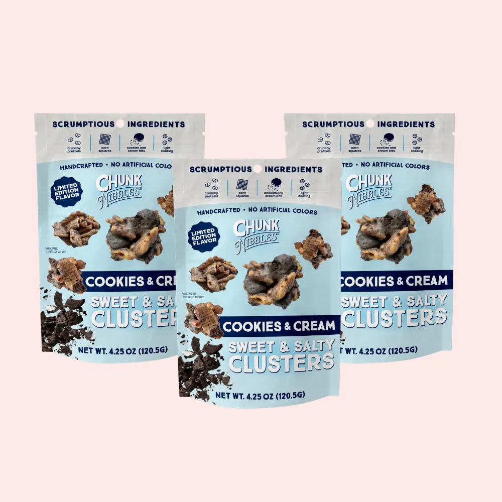 Chunk Nibbles LIMITED-EDITION Cookies & Cream Snack Clusters | 3 Pack | 4.25oz Bags | Sweet & Salty Cluster Bites