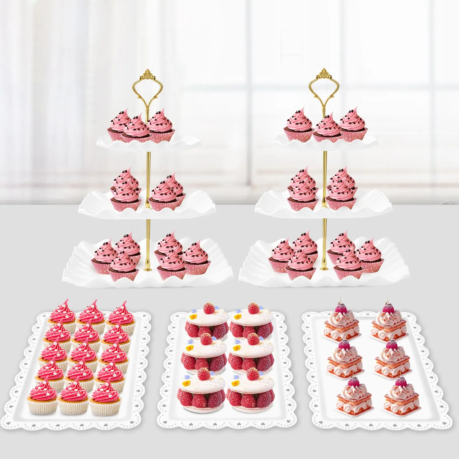 5 PCS Dessert Table Display Set, 2 Cupcake Tier Tower & 3 Serving Tray Combo, Cup Cake Stand Holder for Tea Party, Birthday, Baby Shower