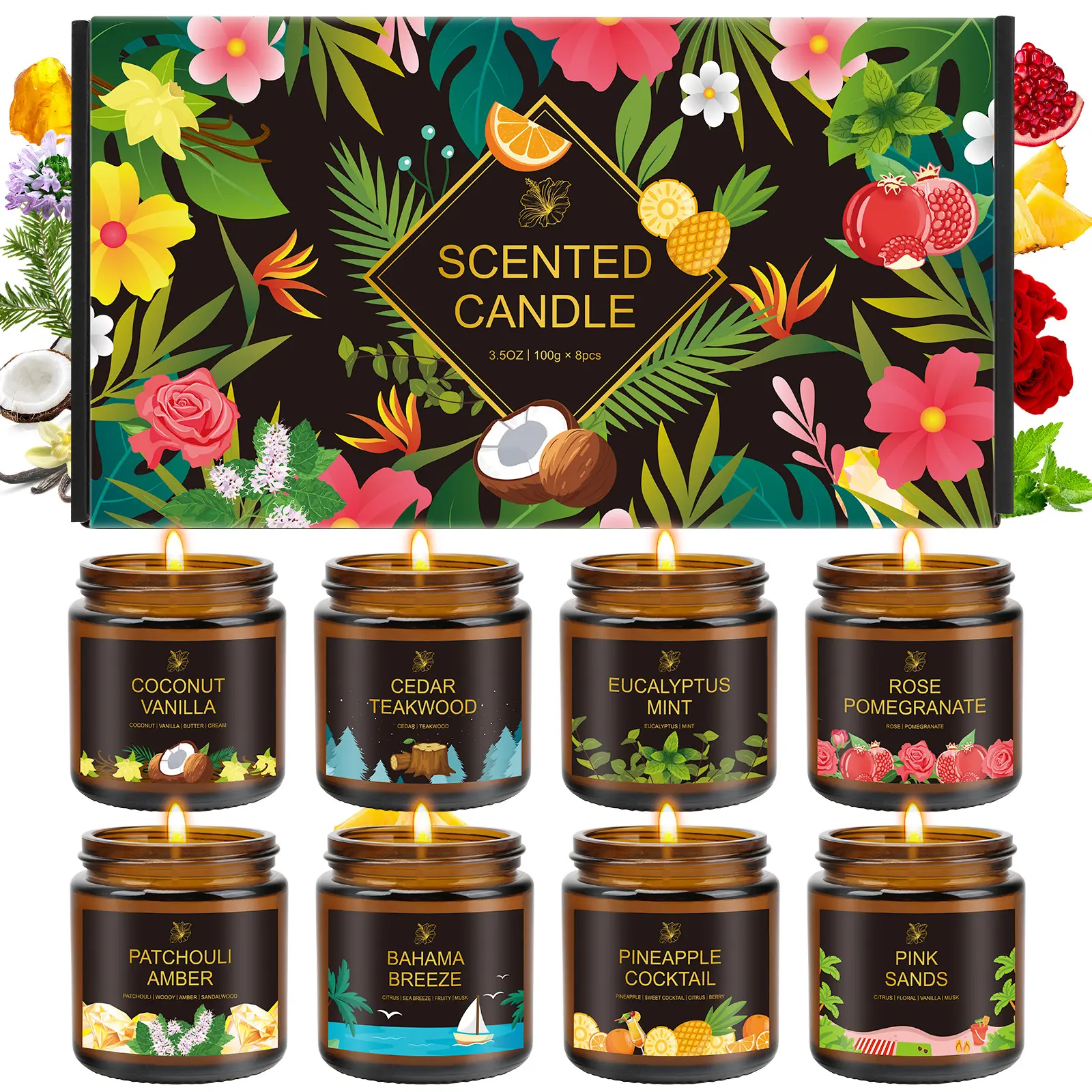 8 Pack Scented Candles Gift Set, 3.5 oz Amber Jar Aromatherapy Candles, Candle Gift Box for Home Decor, Relaxation, Birthday, Holiday & Women Gifts Father's Day Gift