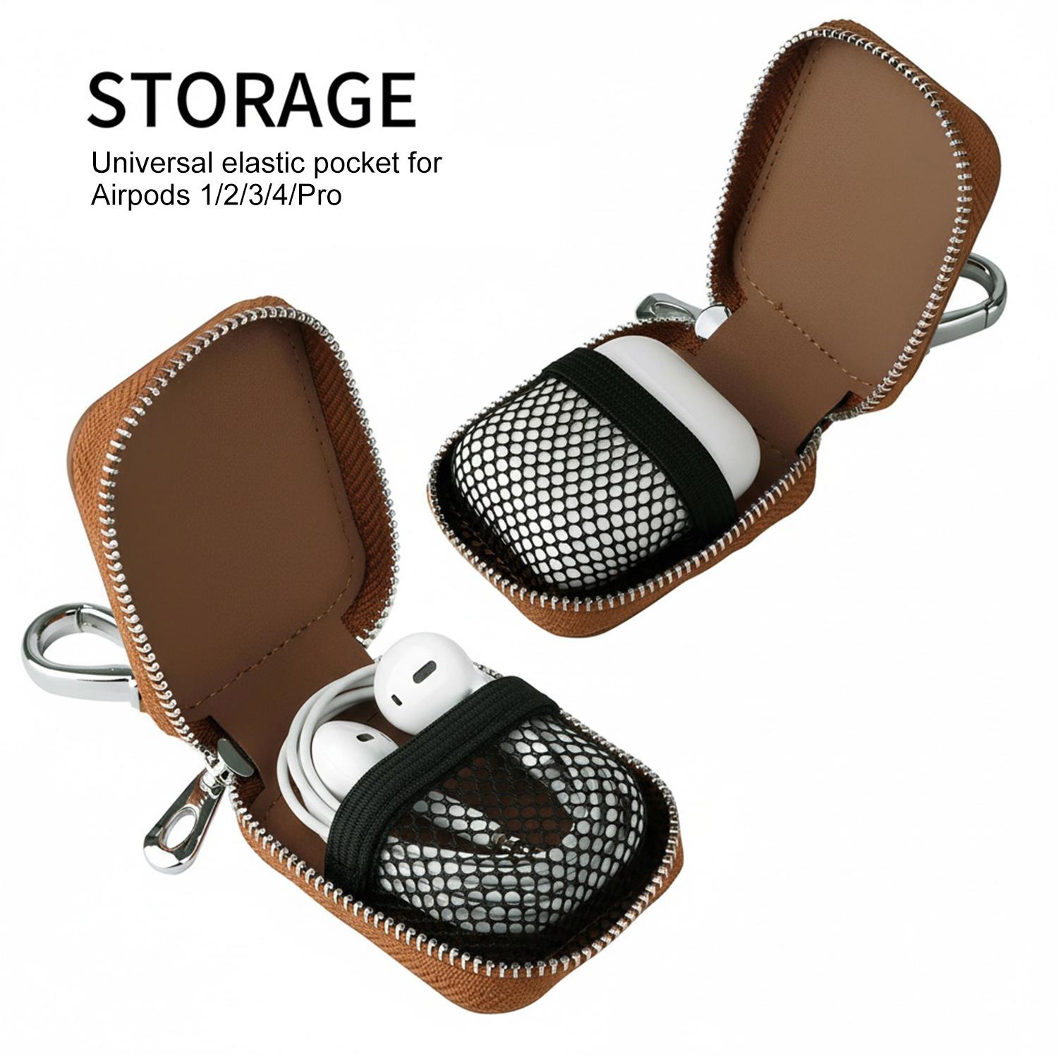 Universal Leather Earbud Case for AirPods 1/2/3/4Pro, Dustproof & Waterproof & Anti-scratch Travel Wireless Earbuds Bag, Portable Earphone Case Protective Storage Pouch Bag with Mesh Pocket & Keychain for Wireless Headphone USB Cable