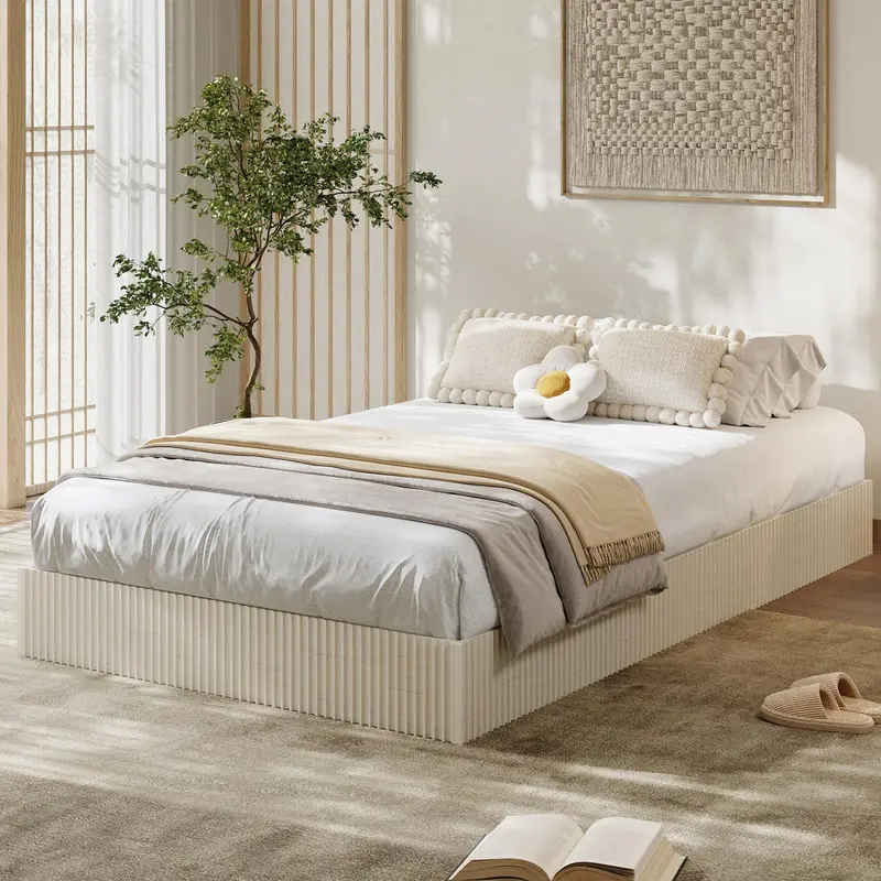 Twin Bed Frame, Wood Platform Bed with Fluted Design, Low Profile BedFrame, Minimalist Bed Base with Noise-Free, No Box Spring Needed, Beige
