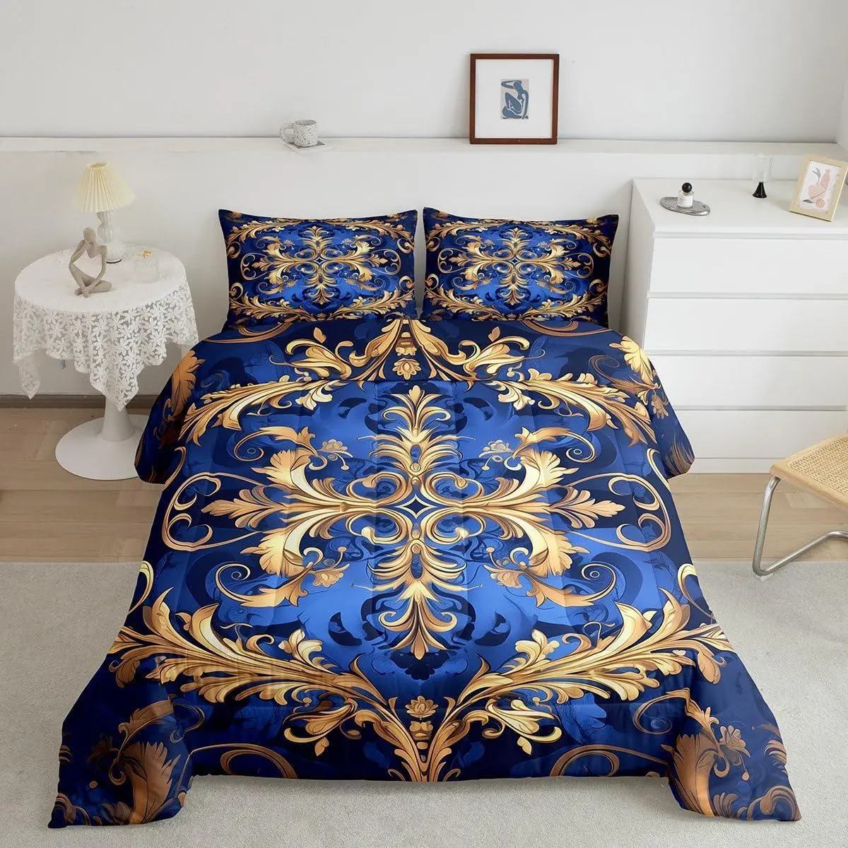 Feelyou Boho Hippie Paisley Digital Print Quilt Bedspread Set - Navy Blue & Gold Breathable Microfiber, Lightweight Multi-Size Bedding Sets for Teen Bedrooms