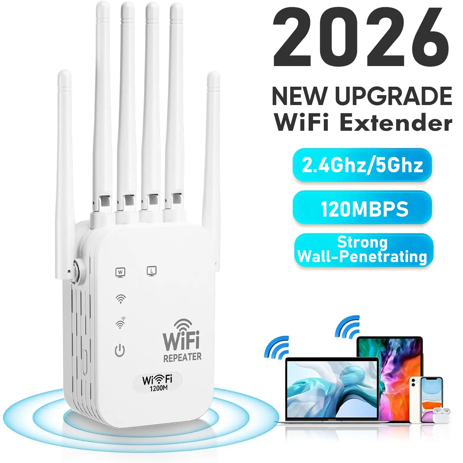 WiFi Repeater, WiFi Extender Signal Booster for Home, 9,800 sq ft Coverage, Repeater/AP Mode, 6 Antennas, Ethernet Port, WPA2, Supports 150+ Devices, for Home Studios, Play YouTube and TikTok videos,Remote Workspaces