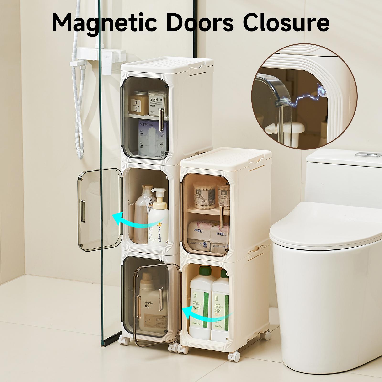 UFORU 4-Layer Tall Narrow Plastic Cabinet - Slim Design, Doors, Adjustable Shelves, Wheels, Stackable, Foldable, Toilet Storage Cabinet, Organizer for Small Spaces, Bathroom Upgrade, Laundry Hacks, Bath Hacks (Midyear Sale Deals)