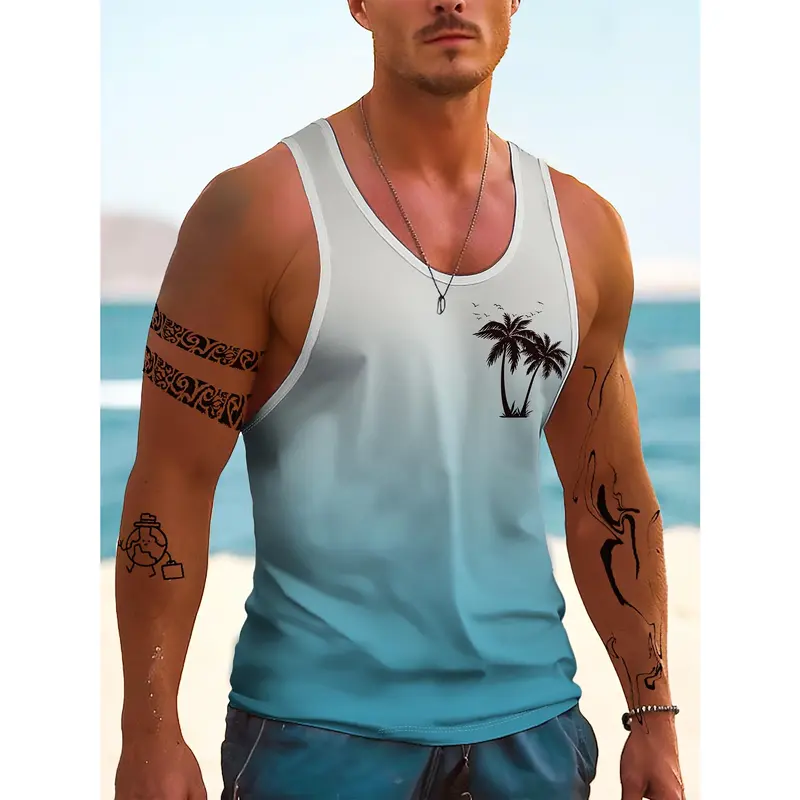 Men'S Hawaiian-Style Tropical Beach Gradient Coconut Tree 3D Print Sleeveless Tank Top - Fitness, Vacation, Home & Outdoor Sportswear, Adult, Hanzunpin Brand, Summer Casual Wear, Beach Wear |   Tropical Print Top |   Comfortable Fit, Beach Wear