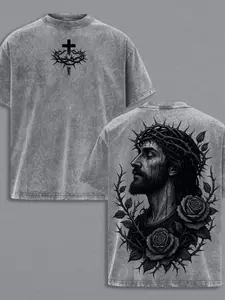 Menswear Tops Vintage Distressed Crown of Thorns Black Rose T-Shirt, Heavy Washed, Crew Neck, Casual Gothic Christian Pattern, Festive for Easter, Christmas Streetwear ,fathersdaygift