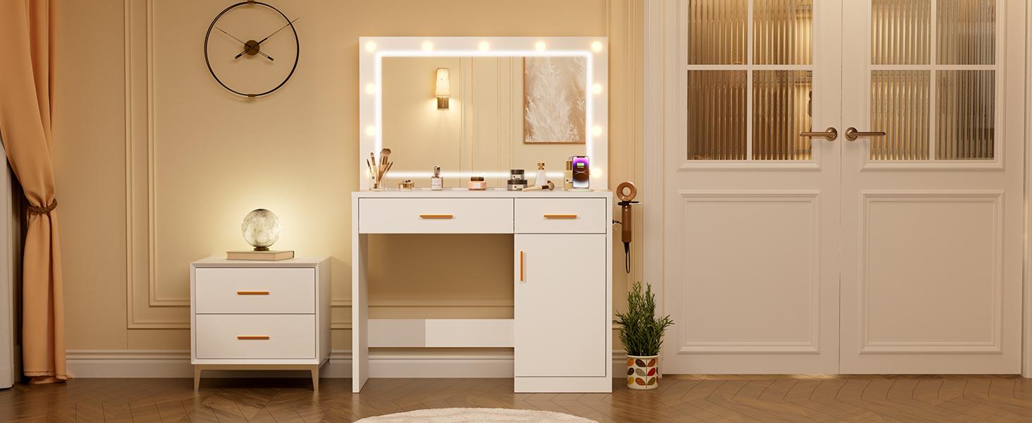 Vanity Desk with Mirror, Makeup Vanity Table with Charging Station (2AC/USB/C), Dressing Table with 2 Drawers & Large Cabinet