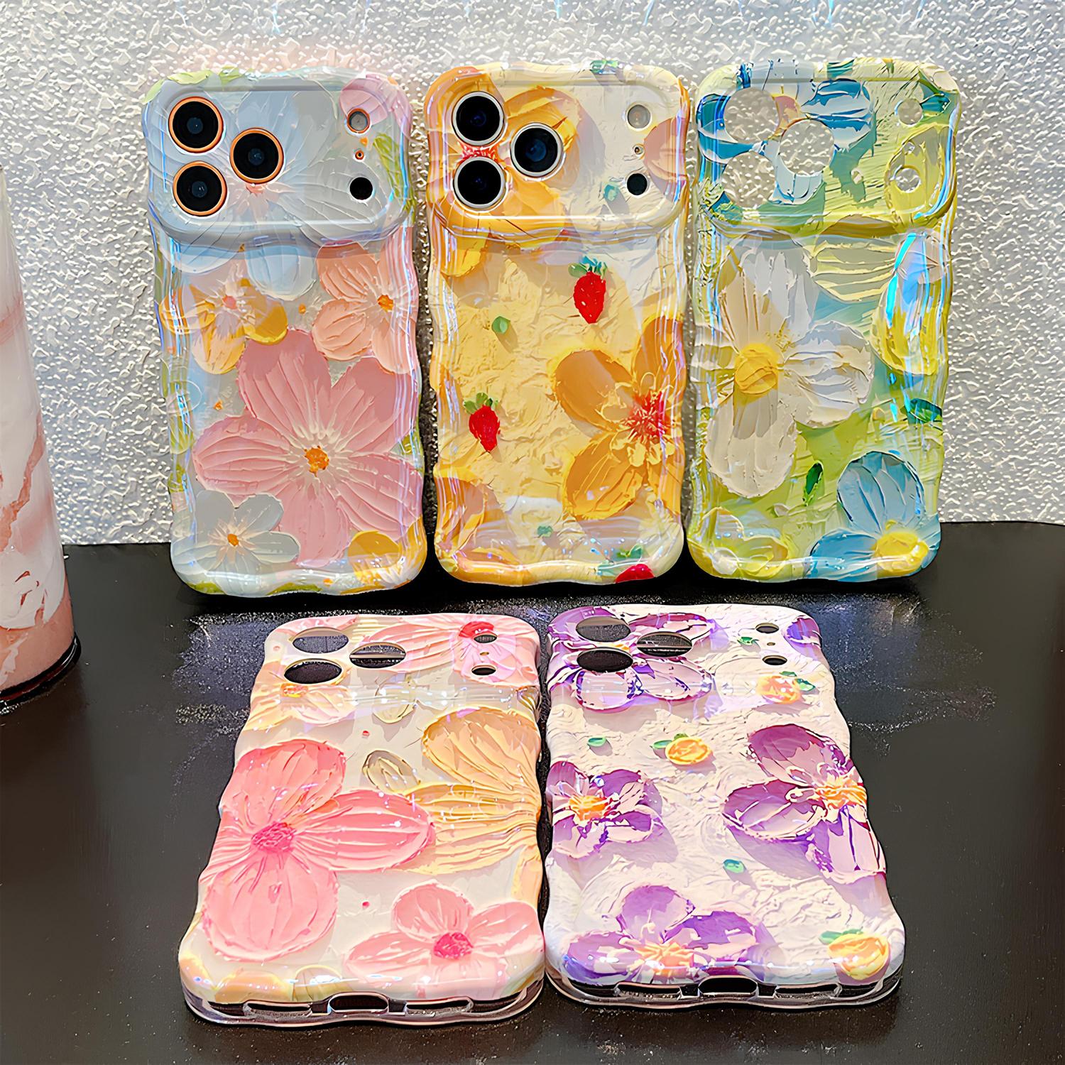 Colorful Retro Oil Painting Floral Case for iPhone 17 16 15 14 13 12 11 Pro Max ,Flower Pattern Cute Curly Wave Frame Phone Case Camera Protection, Soft Protective Cover for Girls & Women