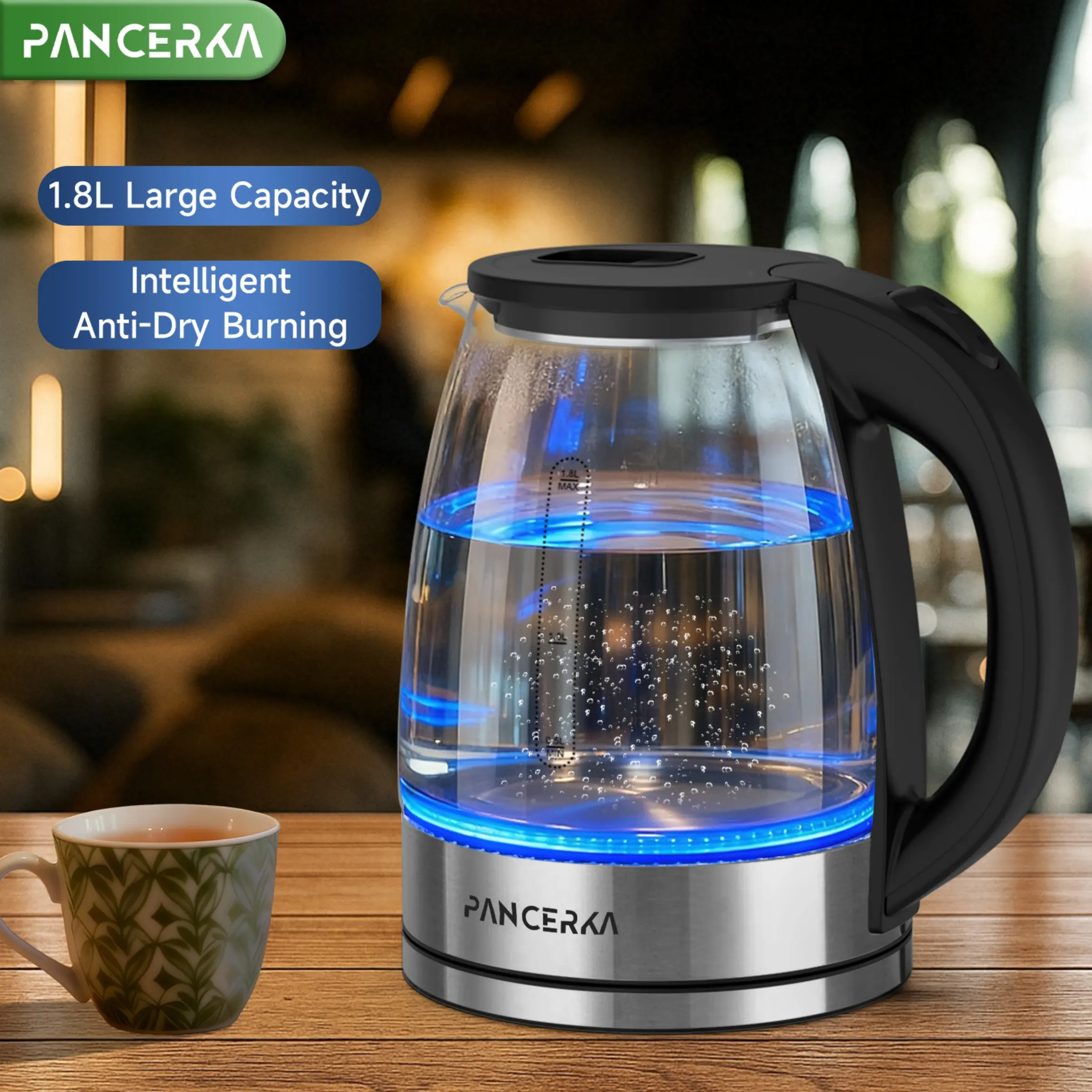 PANCERKA Electric Tea Kettle 1.8L 1500W Fast Boiling Kitchen Supplies with LED Indicator, Auto Shut-Off, BPA-Free Wide Mouth for Easy Cleaning, for Home, Office