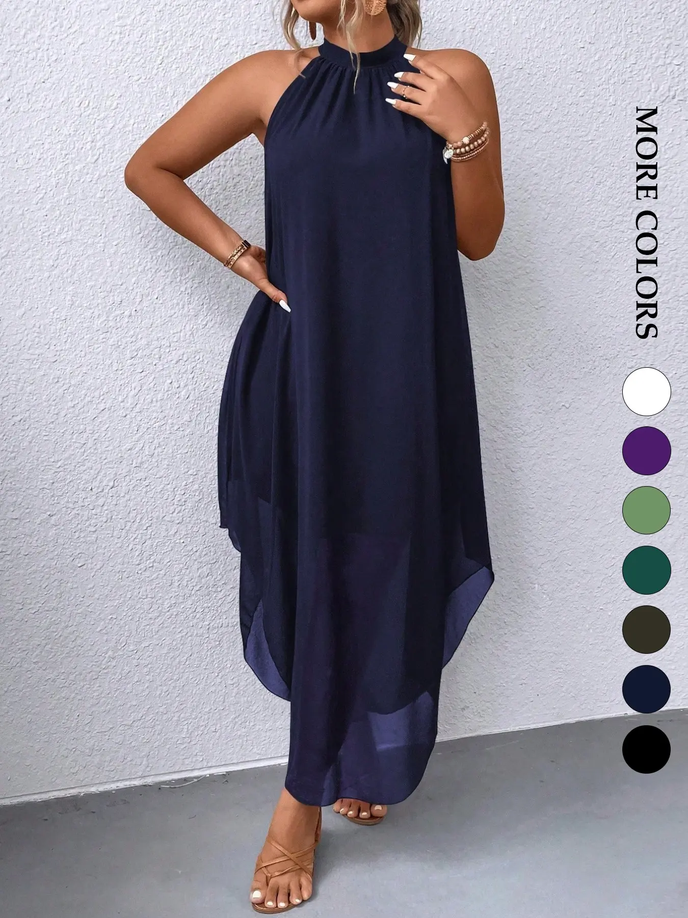 Plus Size Women’s Halter Neck Chiffon Midi Dress, Flowy Asymmetrical High Low Hem Chic Elegant Wedding Guest Dress for Anniversary Dinner, Cocktail Party, Vacation and Special Occasions