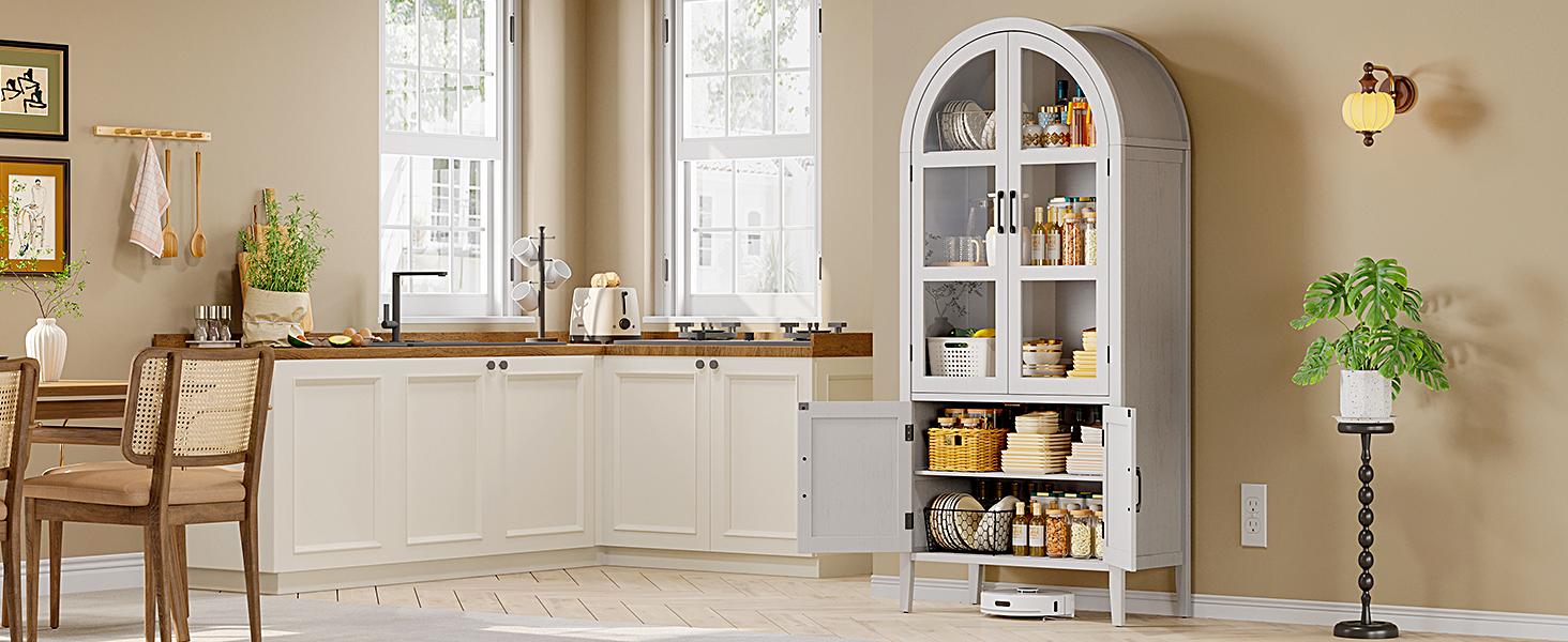 【SPRING GLOW UP】ONBRILL 71''Tall Arched Storage Display Cabinet, 5-Tier Kitchen Pantry With Glass Doors & Shelves
