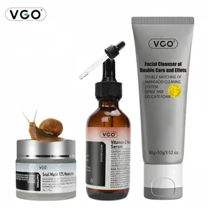 VGO Vitamin C Facial Serum Essence And Snail Mucin 92% Moisturizer And Facial Cleanser Set of Double Care AND  Daily Face Gel Cream for Dry & Sensitive Skin,  Gentle Hyaluronic Skin Repair Comfort Hydrate