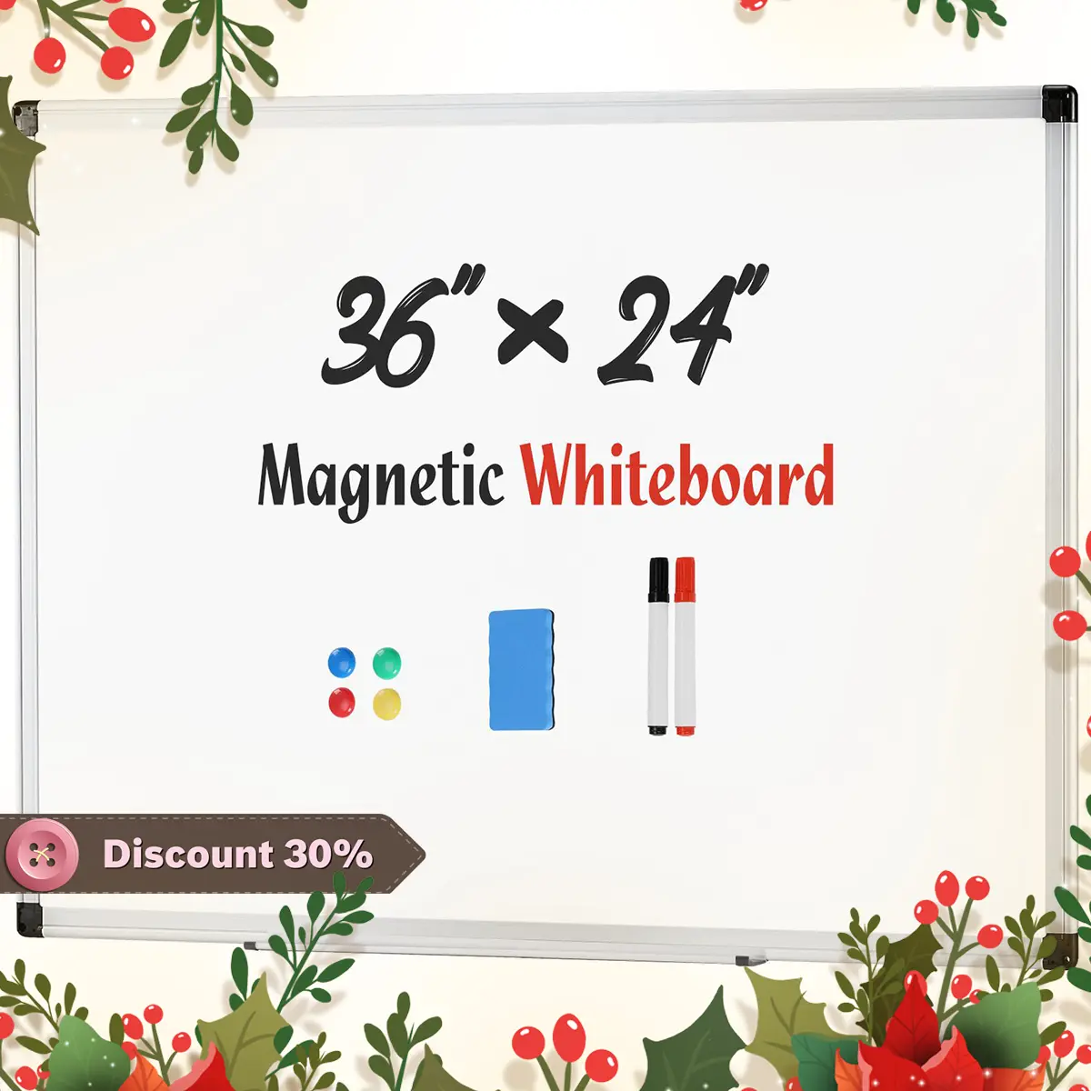 Furnishflex Magnetic Dry Erase Writing Board - 36x24 Inches, Silver Reinforced Aluminum Frame, Durable Design for Home Office Planning & Effective Note-Taking, Complete Accessory Set
