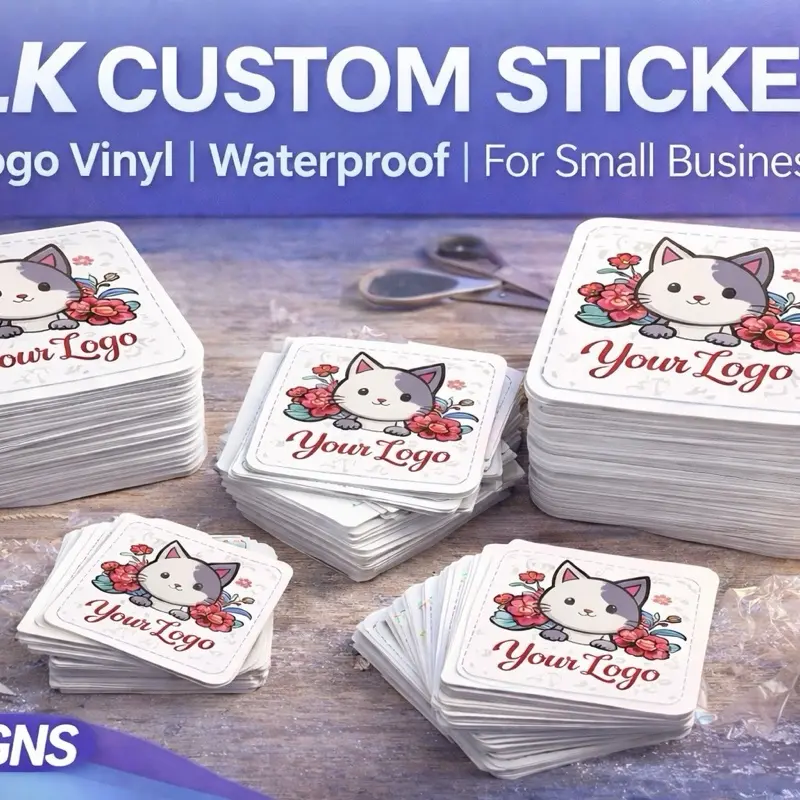 Custom Logo Vinyl Stickers Bulk – 2x2 & 3x3 Waterproof for Small Business