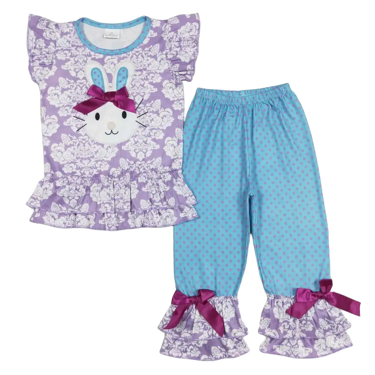 Cocokids Girls' Bunny Embroidery Easter Casual Set - Purple Spring Pants Set, Cute Holiday Kids' Fashion Outfit